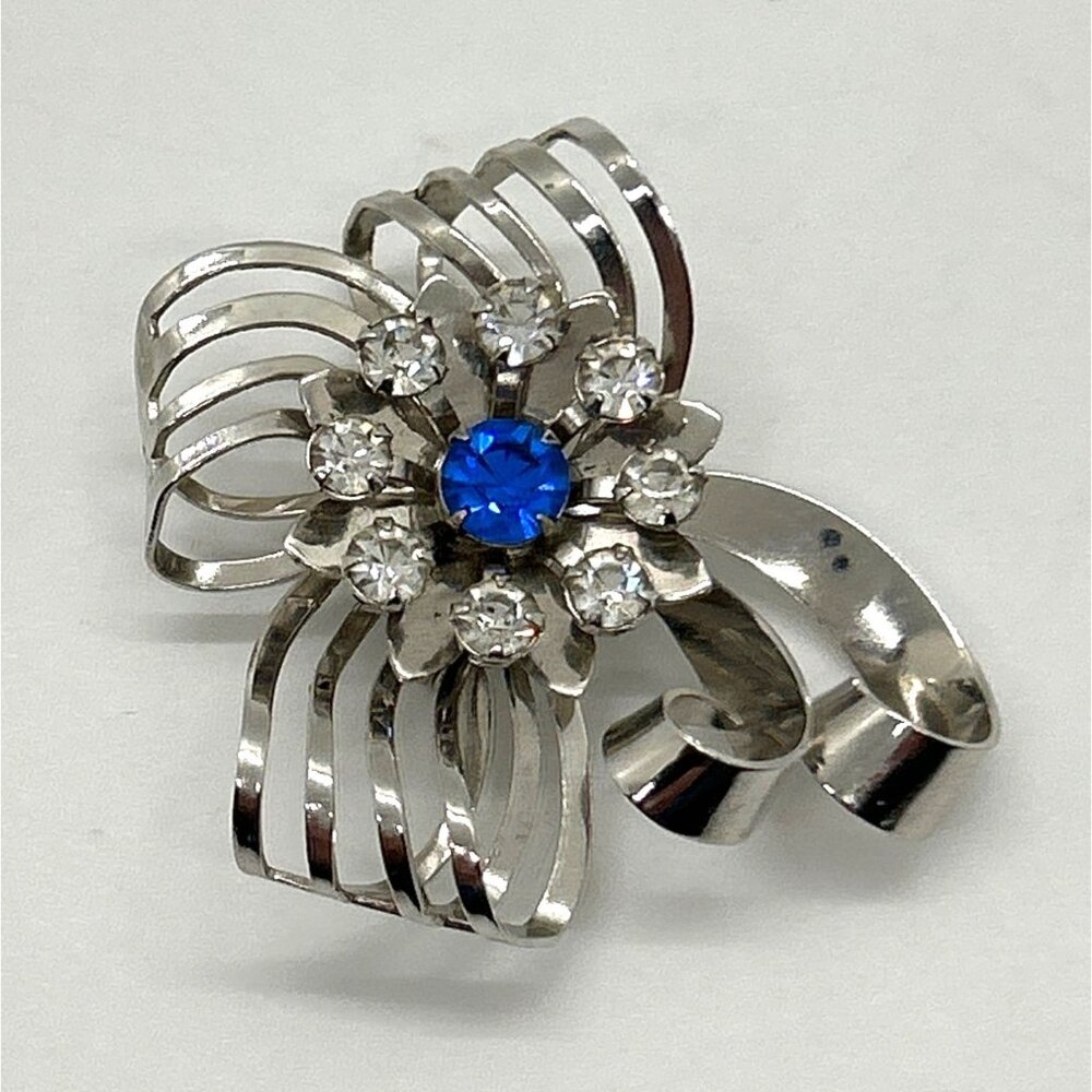 Vintage Bow Brooch Ribbon Pendant Floral & Clear Blue Center Silver-tone - Picture 6 of 11